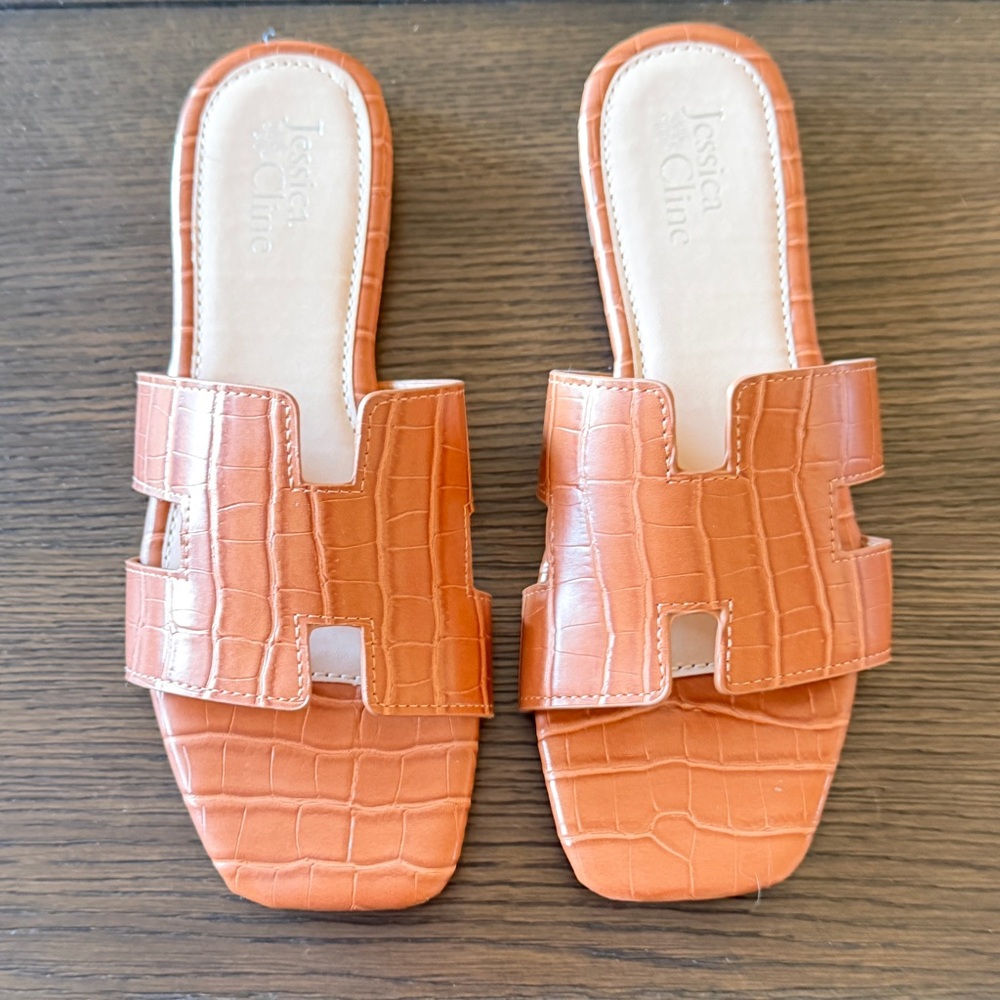 Tan Croc-Embossed Slide Sandals
